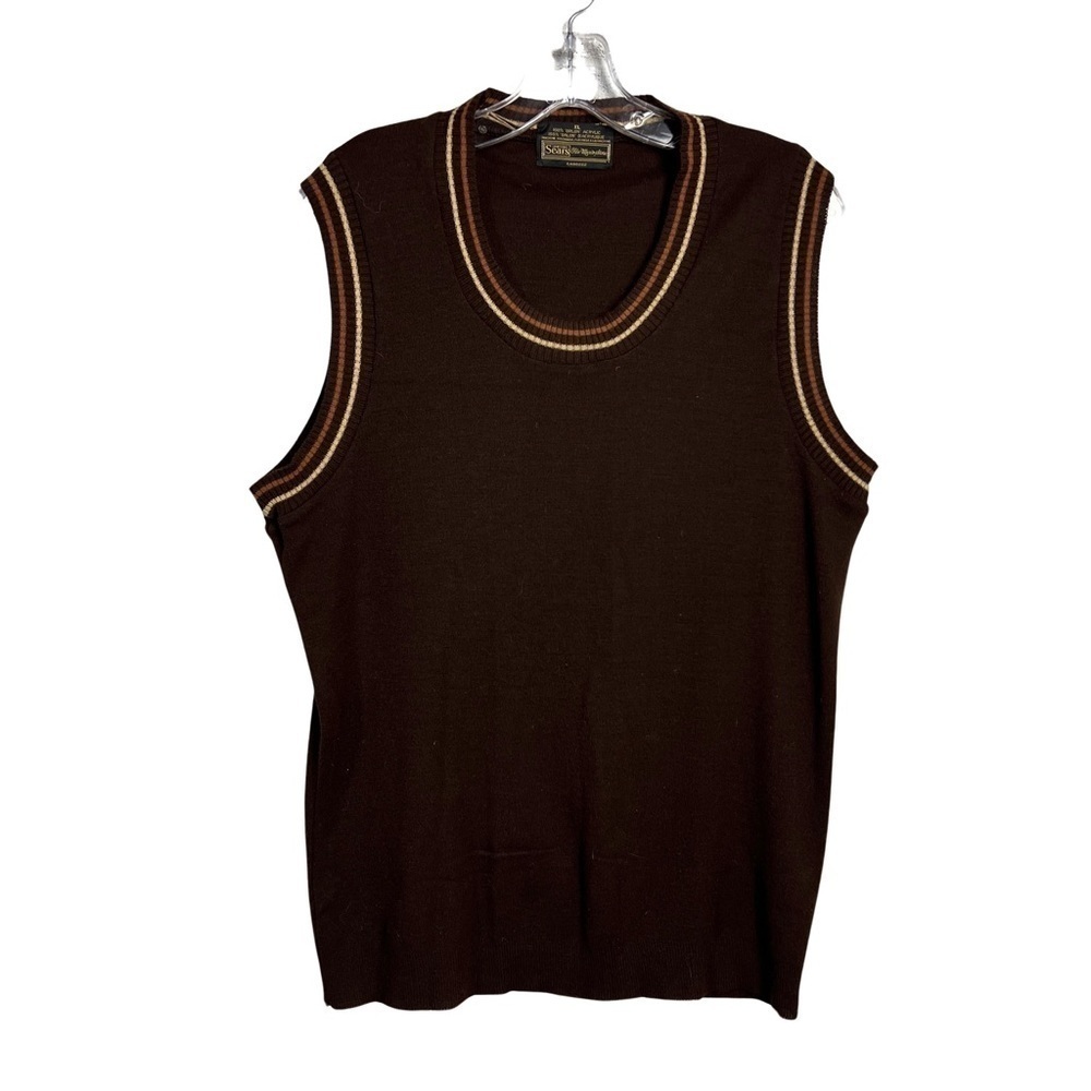 Vintage 70s Sears Chocolate Brown Knit Casual Retro Dad Sweater Vest